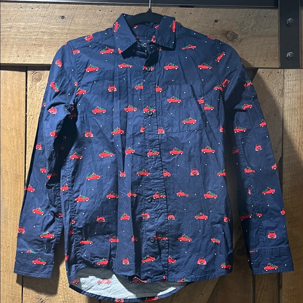 Place Dark Blue Shirt with Holiday Red Truck Design